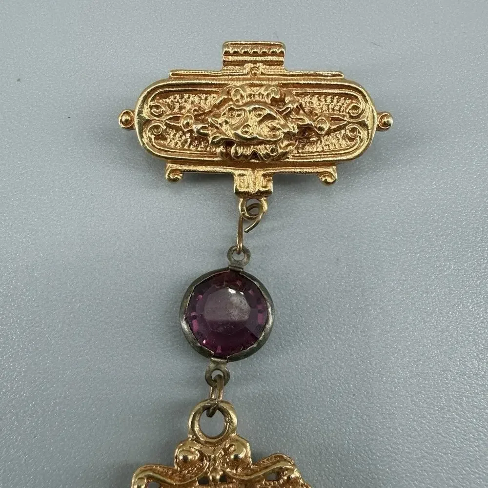 Vintage Purple Faux Gem Brooch Gold Tone Victorian Revival Purple Tassel Dangle